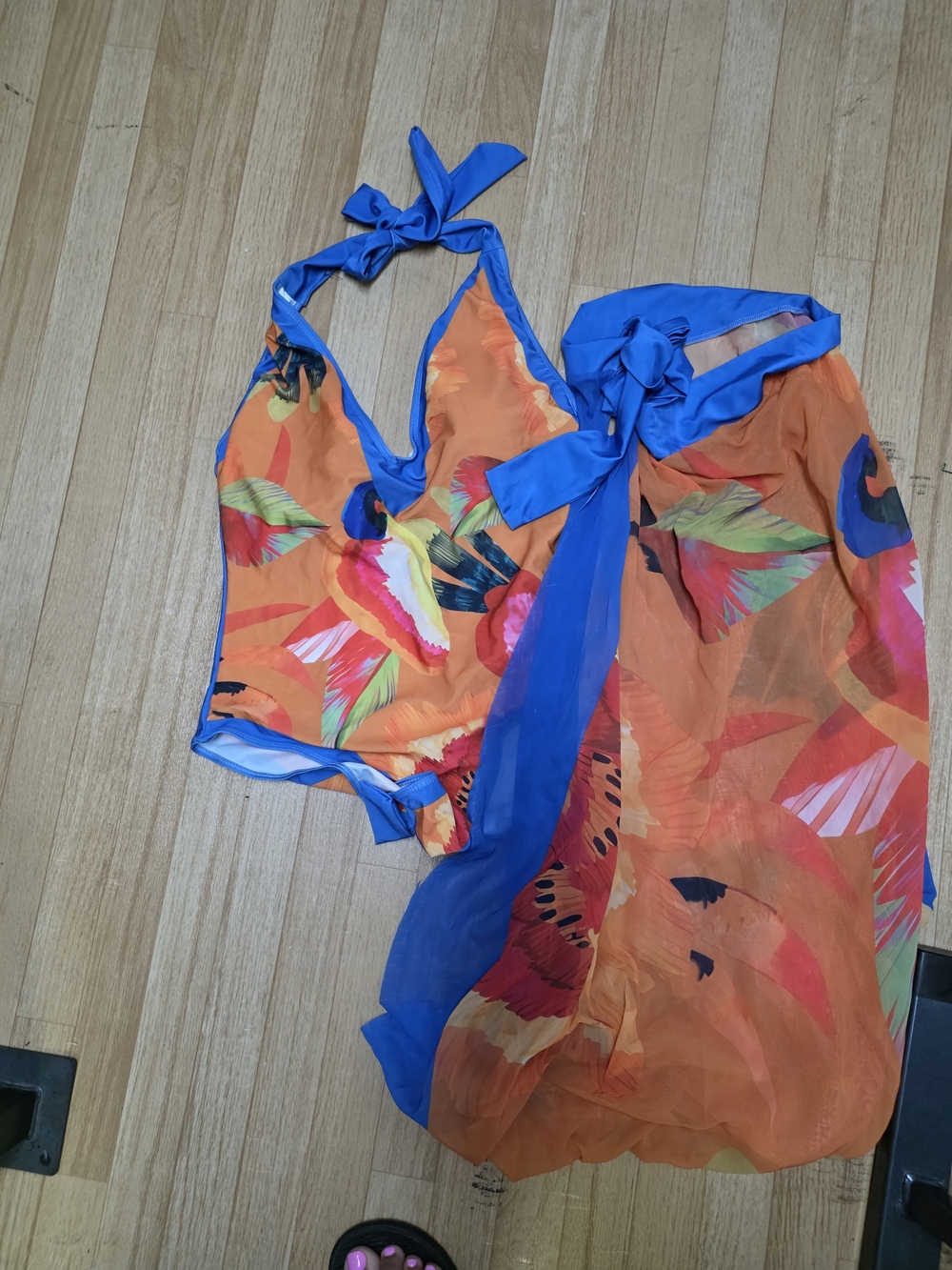 Tropical Orange & Blue Halter Swimsuit with Sheer Cover-Up